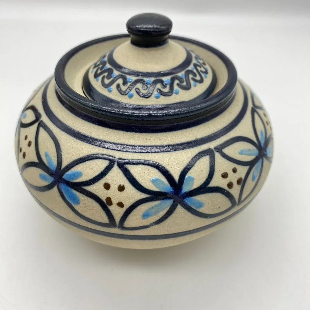 Mexican pottery lidded jar bowl blue Floral print Xochimilco hand painted signed